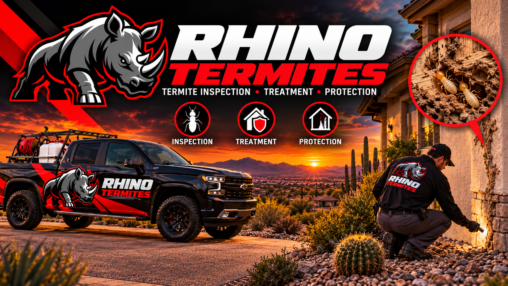Rhino Termites branded Arizona termite inspection and treatment cover artwork with service technician, vehicle, home and termites
